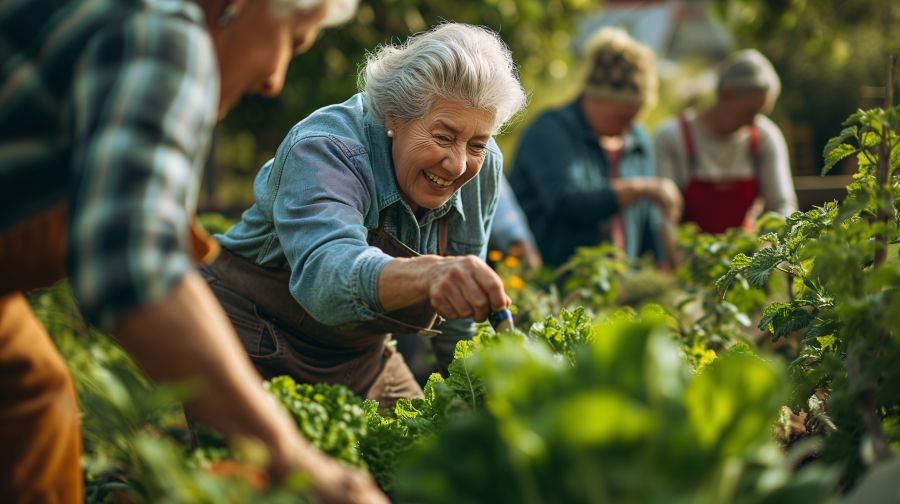 group of senior citizens gathered in a community garden surrounded by vibrant greenery under the sun, tending to the crops and enjoying the fresh air