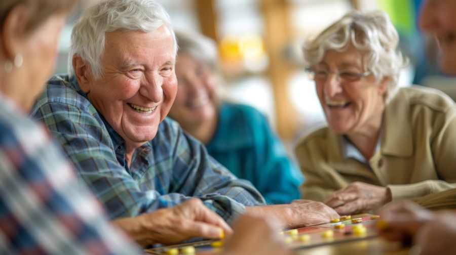 A group of elderly people are playing a board game together, wellbeing and senior people lifestyle concept